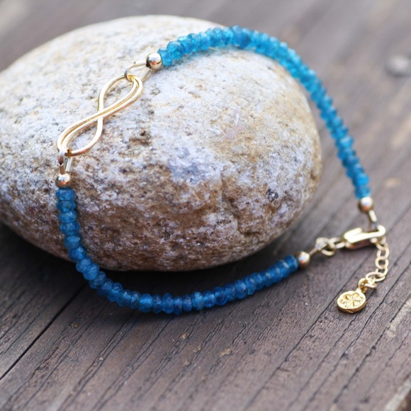 Handmade Neon Blue Mined Apatite Bracelet Infinity Design 14k Gold Filled - Picture 6 of 7